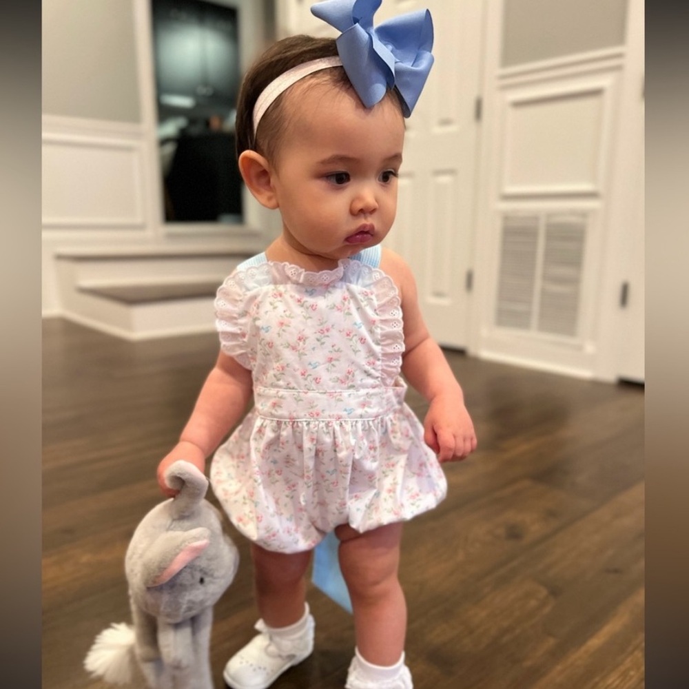 EUC Remember Nguyen Bluebird Floral Kid Romper with Blue Straps 100 %cotton